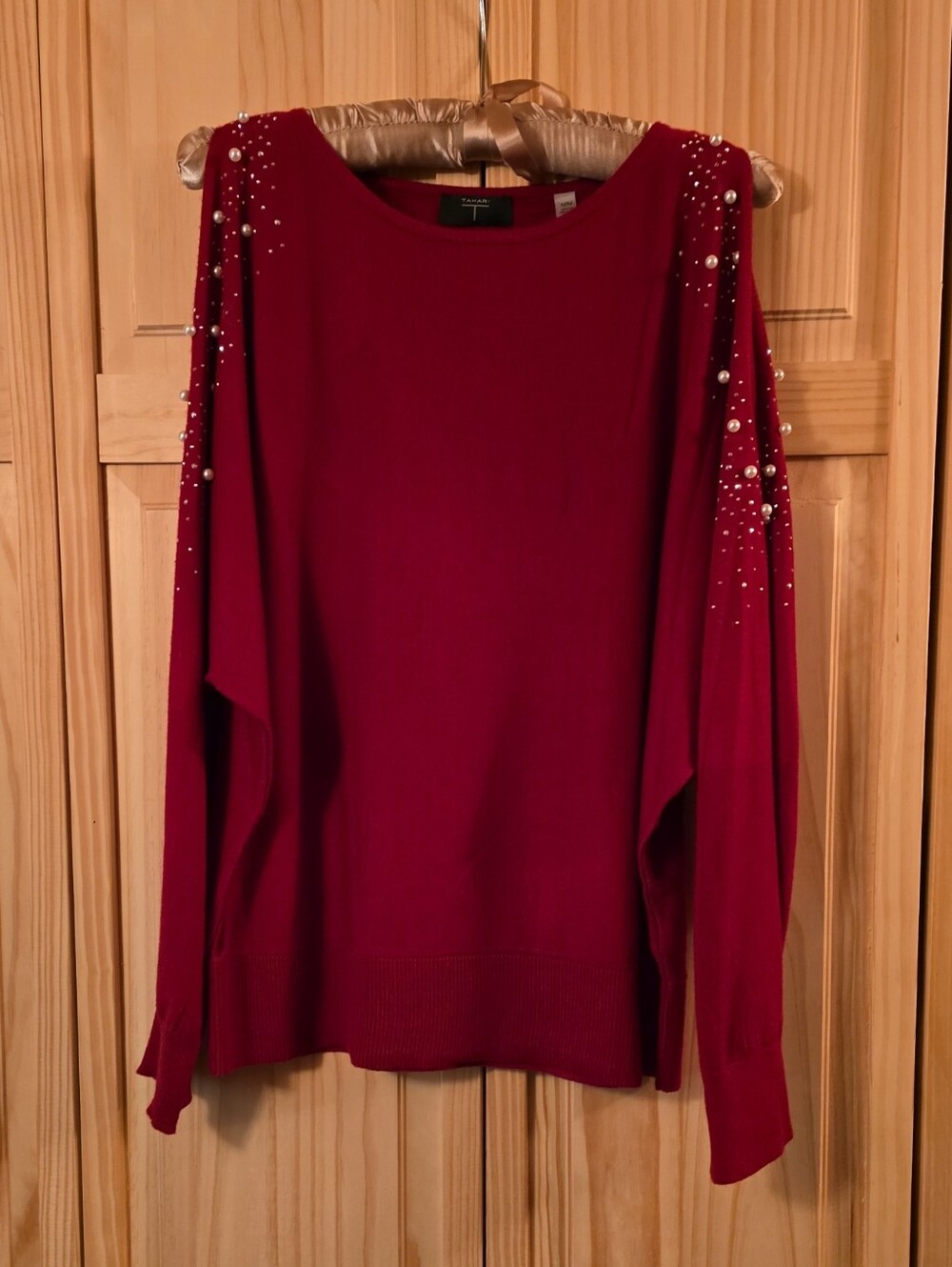 Tahari Embellished Red Cold Shoulder Crewneck Sweater